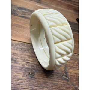Western Germany Vintage 1" Wide Bangle Bracelet 1970s Carved Waves White Opaque